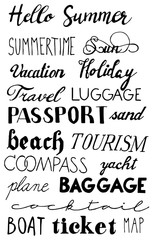 Set of hand drawn summer lettering. Travel, beach, passport, ticket, map, tourist, baggage, compass, sun, summertime, yacht, boat, holiday, vacation, luggage, sand, cocktail, plane, hello summer.