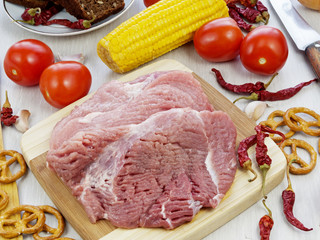 fresh pork steak on wooden Board