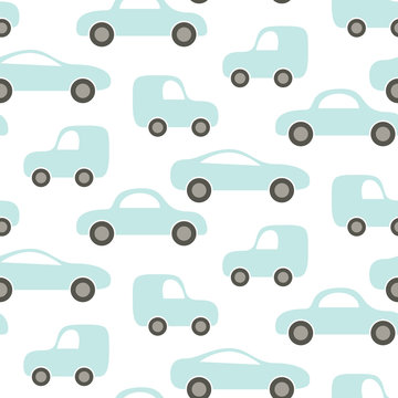 Car cute baby vector seamless pattern. Kid fabric and apparel design. Light blue van vehicles on white. Simple kid pattern.