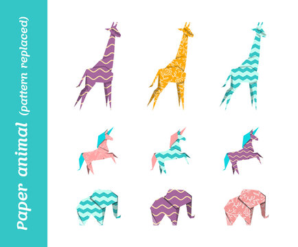 Paper origami vector animals with replaced patterns