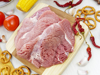 fresh pork steak on wooden Board