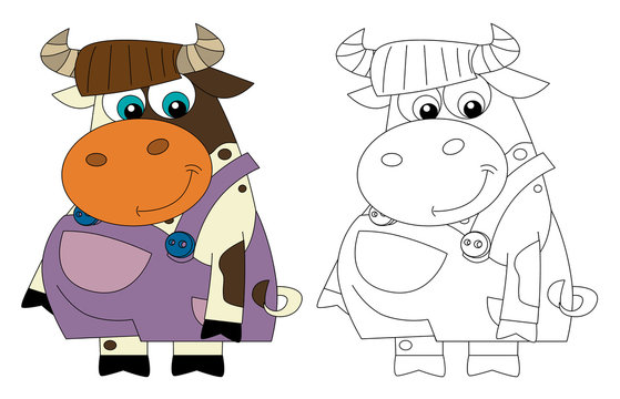 Cartoon happy cow - standing and smiling - dressed - isolated - with coloring page - illustration for children