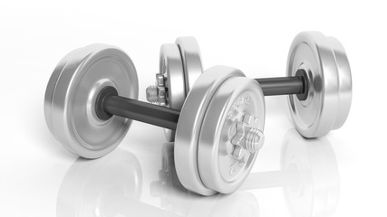 3D rendering of adjustable metallic dumbbells, isolated on white background.