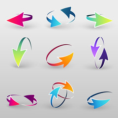 Illustration with a set volume of cursors, icons,computer mouse, vector arrows, performed in a spherical design. Tool , element design .