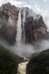 Fototapeta premium Angel Falls (Salto Angel), najwyższy wodospad na świecie (978 m), Wenezuela. Pokryte chmurami w porze deszczowej.