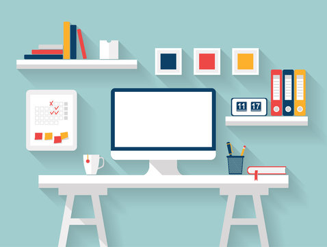 Blank monitor or computer desktop on white table in sunny room. Vector Mock up. Flat design with long shadow