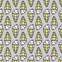Seamless summer background. Hand drawn pattern. Suitable for fabric, greeting card, advertisement, wrapping. Bright and colorful ice cream cone backdrop
