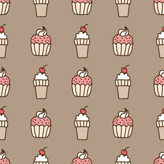 Seamless summer background. Hand drawn pattern. Suitable for fabric, greeting card, advertisement, wrapping. Bright backdrop, cake and ice cream cone with a cherry on top