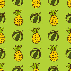 Seamless summer background. Hand drawn pattern. Suitable for fabric, greeting card, advertisement, wrapping. Bright and colorful watermelon and pineapple backdrop