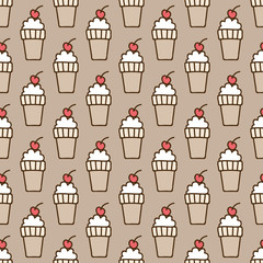Seamless summer background. Hand drawn pattern. Suitable for fabric, greeting card, advertisement, wrapping. Bright and colorful ice-cream cone and a cherry backdrop