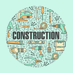 Vector color modern line style illustration of constructions tools. Pliers, drill, spatula, helmet, shovel, saw, screwdriver, wrench, paint roller, paint bucket, brush. Round shape icons concept.