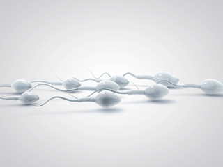 Frozen spermatozoon. 3D illustration of the sperm swimming to the ovule on white background. Minimalistic.  Sperm Bank. - obrazy, fototapety, plakaty