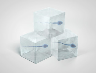 Frozen spermatozoon. 3D illustration of the sperm swimming to the ovule on white background. Minimalistic.  Sperm Bank.