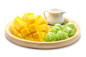 Mango and sticky rice isolated on white background, Thai dessert