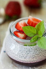 Healthy Breakfast. Greek yogurt with Chia seeds, strawberries and strawberry jelly
