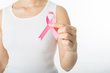.Pink Breast cancer awareness ribbon holding