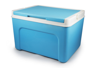 Handheld blue refrigerator isolated over white background. cooler