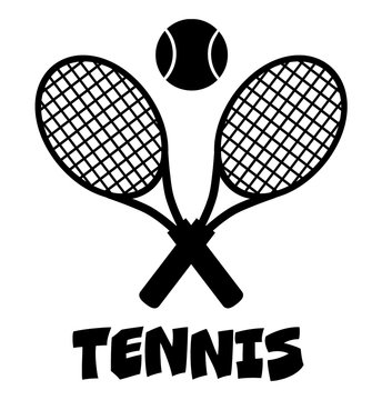 Crossed Racket And Tennis Ball Black Silhouette.  Illustration Isolated On White With Text Tennis