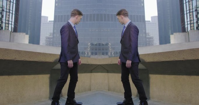 Mirrored image of young man in business suit rides away from the camera on a skateboard against a city background in Downtown Los Angeles. Slow motion recorded at 60fps.