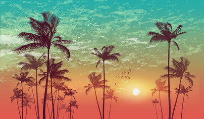 Exotic tropical palm tree landscape   at sunset or moonlight,  with cloudy sky. Highly detailed  and editable