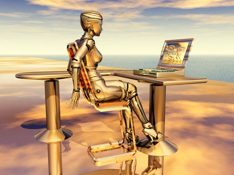 Female robot and laptop