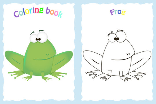 Coloring book page for preschool children with colorful frog and sketch to color