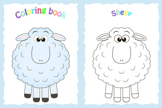 Coloring book page for preschool children with colorful sheep and sketch to color