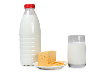 Glass jug with milk on white background