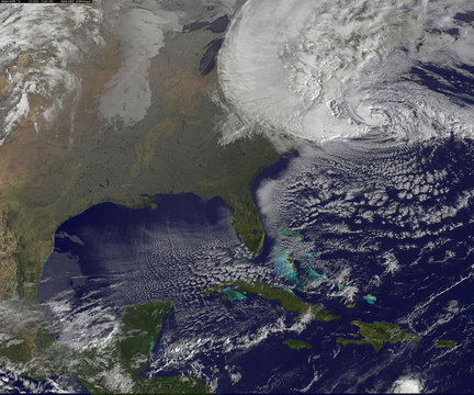 Hurricane Sandy, October 30 2012. NASA Earth Observatory image by Jesse Allen, using VIIRS Day-Night Band data from the Suomi National Polar-orbiting Partnership (Suomi NPP)