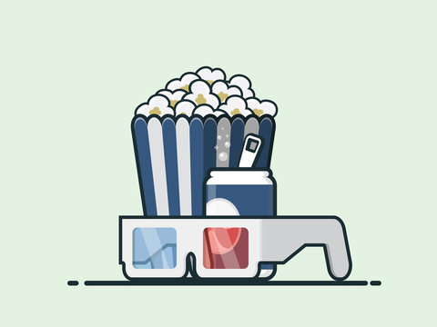 Popcorn, coke and 3D Glasses vector icon.