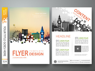Fototapeta na wymiar Flyers design template vector. Brochure annual report business magazine poster.Leaflet cover book presentation with abstract square background and flat city. Layout in A4 size.illustration.