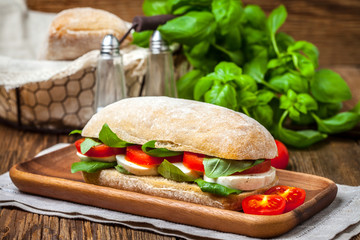 Ciabata with mozzarella, tomato and basil