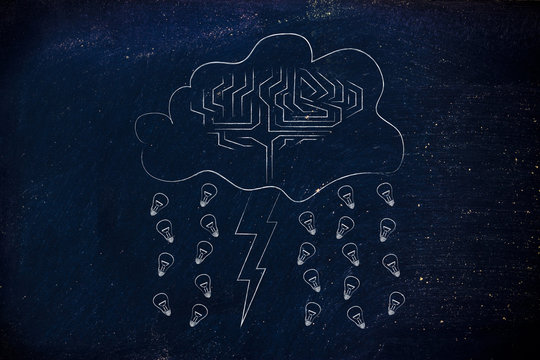 stormy cloud with brain, bolt & rain of ideas