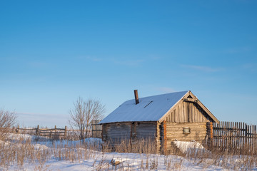 old russian steam bath in winter