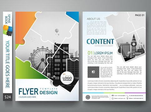 Brochure design template vector. Flyers annual report business magazine poster.Leaflet cover book presentation with abstract jigsaw pattern and flat city background. Layout in A4 size.illustration.