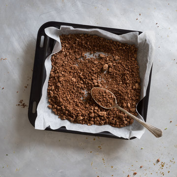 Homemade edible crystallized chocolate soil for dessert presentation