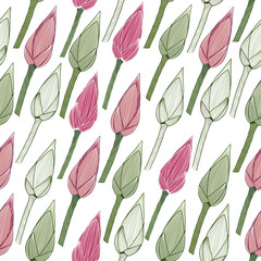 Simple floral pattern. Lotus buds in the spring season. Seamless background. Endless texture. Nature theme. Can be used for wallpaper, pattern fills, web page background, surface textures.