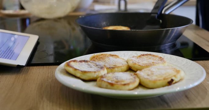 curd dessert sprinkled with icing sugar