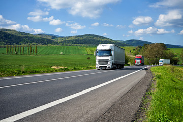 Fototapeta na wymiar Rural landscape with asphalt road and oncoming three trucks. Green fields and wooded mountains in the background. Sunny spring day with blue skies and white clouds.
