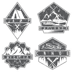 canoe, camping and adventure vintage vector grunge labels set