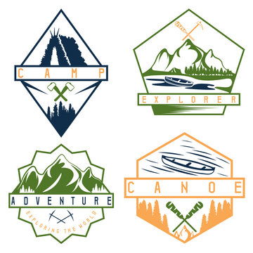 canoe, camping and adventure vintage vector labels set