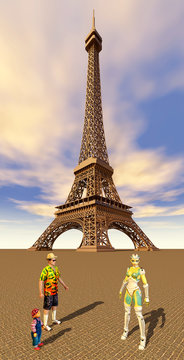 Touristen und Reiseführer vor dem Eiffelturm in Paris