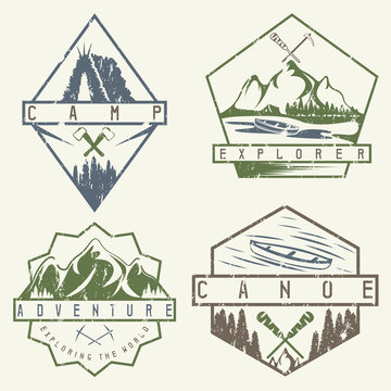 canoe, camping and adventure vintage vector grunge labels set
