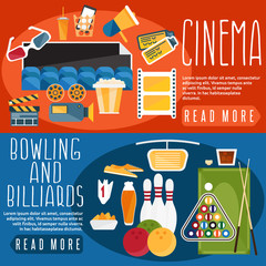 Fototapeta premium flat design horizontal banners with cinema,bowling and billiards