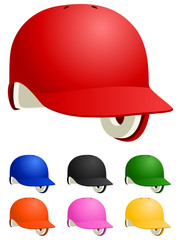 Vector illustration of a baseball batting helmet in a variety of colors.