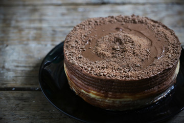 Chocolate cake filled with creamy filling, rich pastry