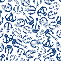 Blue marine ships anchors seamless pattern