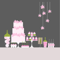 Fototapeta na wymiar Wedding candy buffet. Dessert bar. Birthday sweet table. Vector illustration