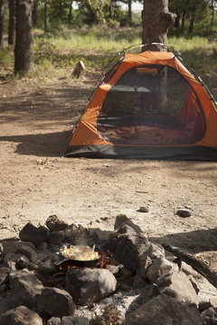 Stir fry on campfire and tent, Indiahoma, Oklahoma, USA
