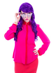 young beautiful woman with purple hair and glasses covered by co
